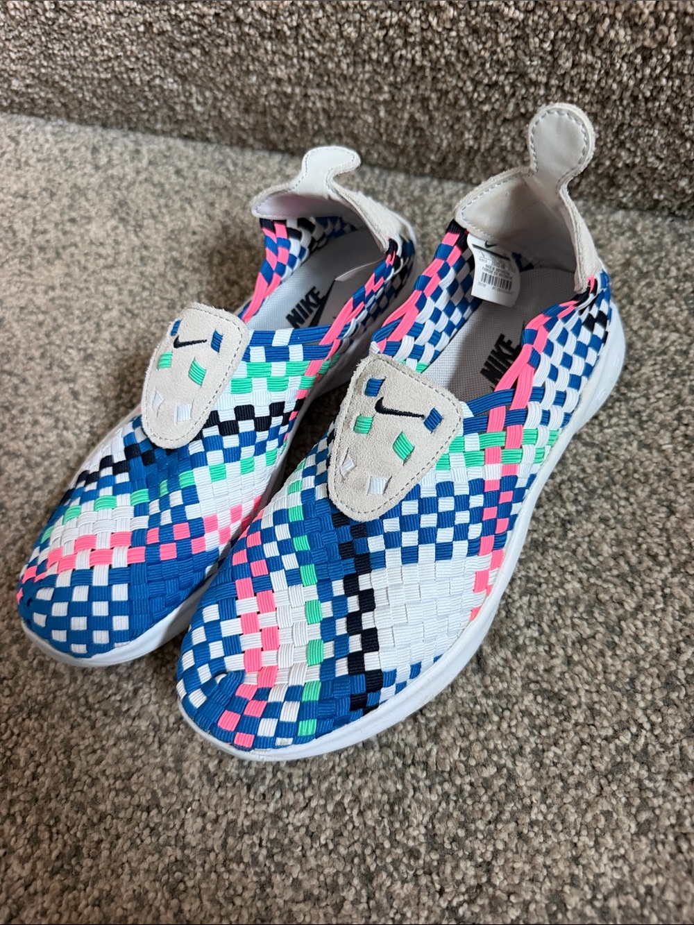 Nike Kids Slip-On Woven Sneakers in White, Blue & Pink